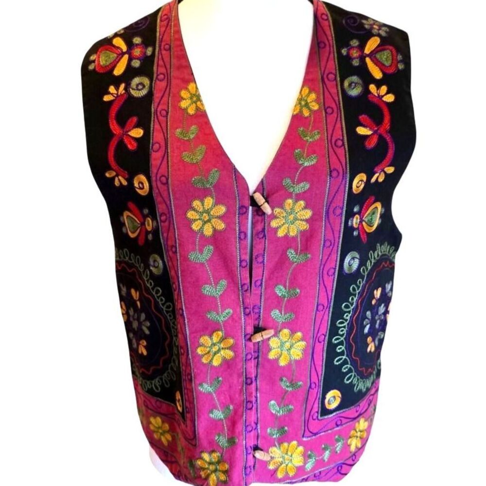 VTG 90s Cottagecore Boho Folk Embroidered Floral Vest Size Small Lizwear